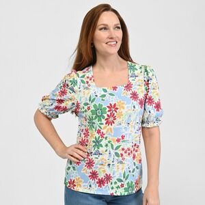 Christopher And Banks Women's 1X Floral Print Square Neck Puff Sleeve Tee NEW